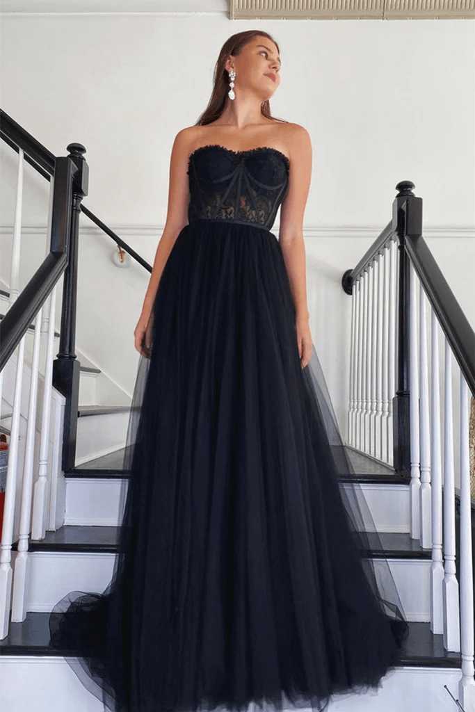 A Line Black Lace 2025 Prom Dress Tulle Strapless Long Formal Dresses UK MyChicDress