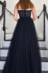 A Line Black Lace 2025 Prom Dress Tulle Strapless Long Formal Dresses UK MyChicDress