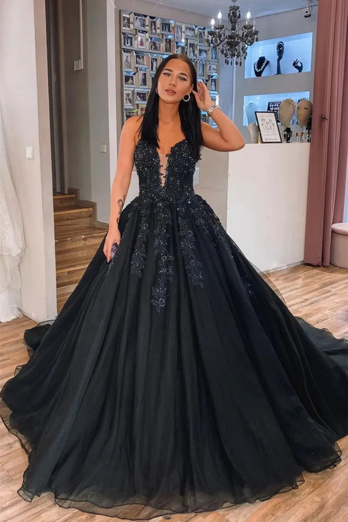 A Line Black Lace Long Prom Dresses V Neck Beaded Formal Evening Dress MyChicDress