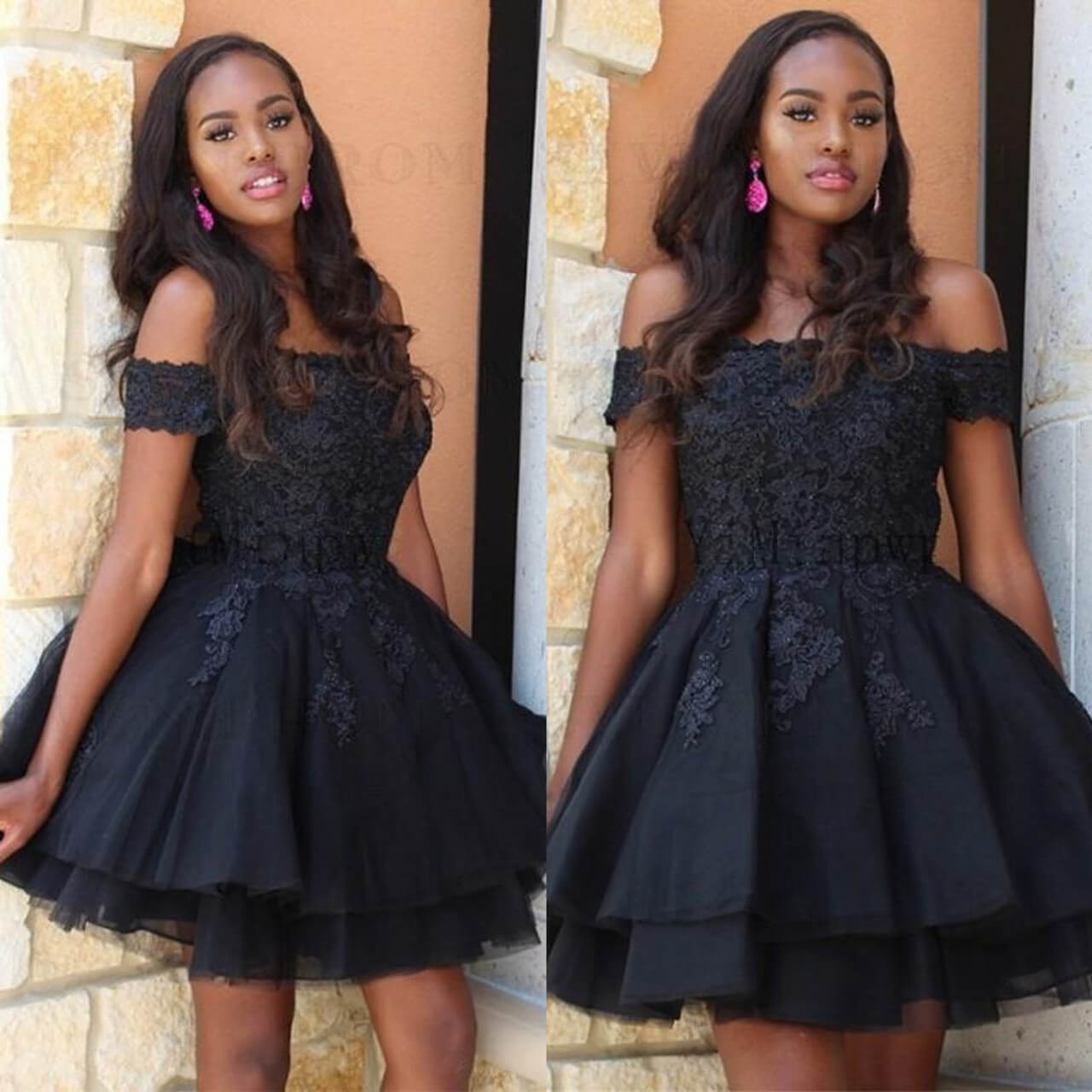 MyChicDress A Line Black Short Homecoming Dresses Lace Off The Shoulder Damas Dress US12 Custom Color