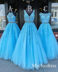 A Line Blue Lace Prom Dresses UK Long Evening Gowns Cheap MyChicDress