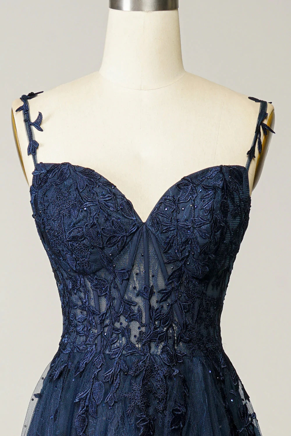 A Line Cheap Navy Blue Lace Prom Dresses Spaghetti Straps with Appliques MyChicDress