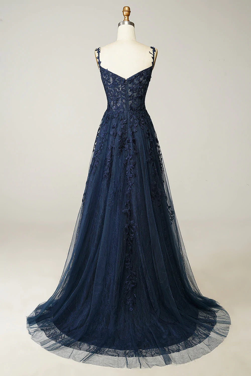 A Line Cheap Navy Blue Lace Prom Dresses Spaghetti Straps with Appliques MyChicDress