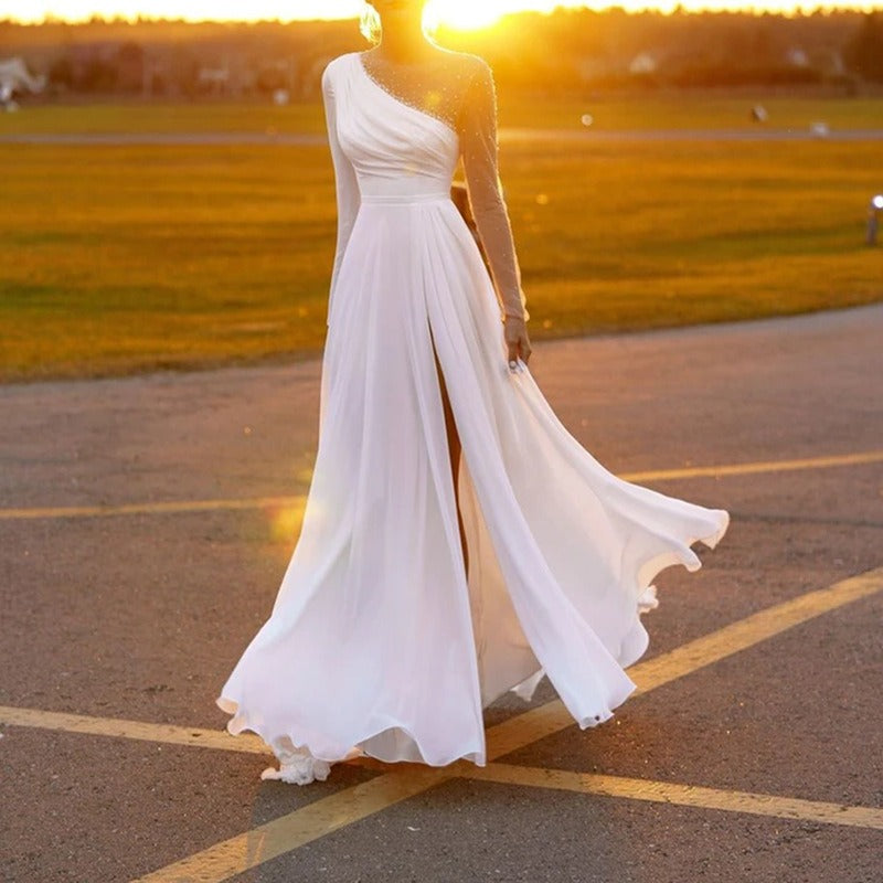 A Line Chiffon Pearls Long Sleeve Beach Wedding Dresses White Custom Color US14