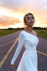 A Line Chiffon Pearls Long Sleeve Beach Wedding Dresses White MyChicDress