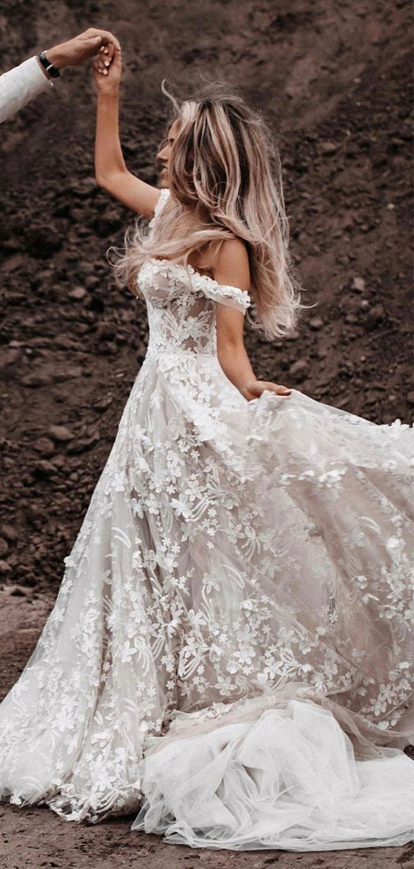 A Line Floral Lace Beach Country Wedding Dresses Off the Shoulder Bridal Gown MyChicDress