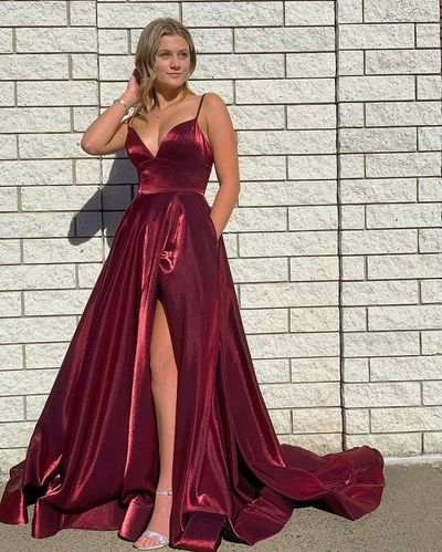 A Line Glitter Burgundy 2025 Prom Dresses V Neck Sleeveless Evening Dress MyChicDress