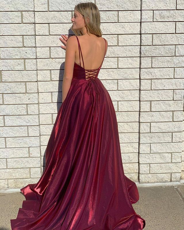 A Line Glitter Burgundy 2025 Prom Dresses V Neck Sleeveless Evening Dress MyChicDress