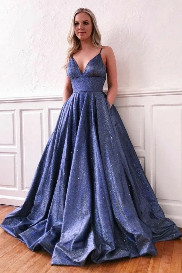 A Line Glitter Metallic Prom Dresses With Pockets Spaghetti Strap MyChicDress