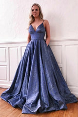 A Line Glitter Metallic Prom Dresses With Pockets Spaghetti Strap MyChicDress