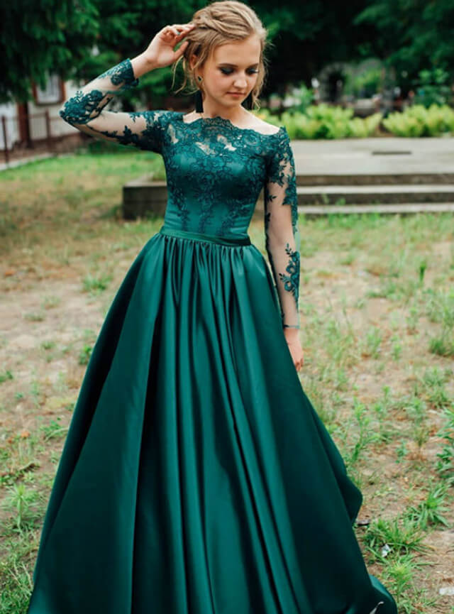 A-Line Green Long Sleeve Prom Dresses Satin Off the Shoulder Appliques MyChicDress