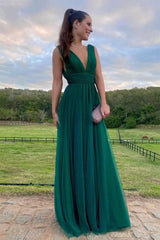 A Line Green Tulle Long Prom Dresses V Neck Formal Wedding Guest Dress MyChicDress