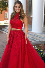 A Line Halter Lace Red 2 Piece Prom Dresses Tulle Evening Gown MyChicDress