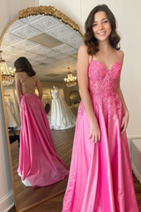 A-Line Hot Pink Formal Dresses 2024 Floral Appliques Cheap Prom Dress Lace-Up MyChicDress