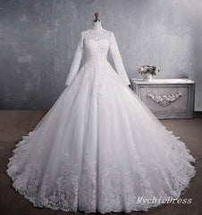 A Line Lace Applique Long Sleeves High Neck Muslim Wedding Dresses MyChicDress