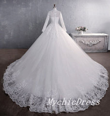 A Line Lace Applique Long Sleeves High Neck Muslim Wedding Dresses MyChicDress