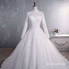 A Line Lace Applique Long Sleeves High Neck Muslim Wedding Dresses MyChicDress