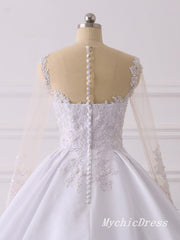 A Line Lace Applique Satin Wedding Dresses Long Sleeves with Button MyChicDress