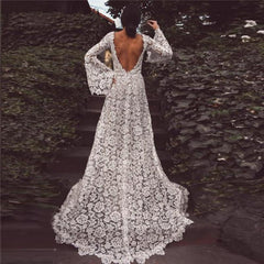 A-Line Lace Boho Puff sleeve Wedding Dress Backless Bohemian Bride Dress MyChicDress