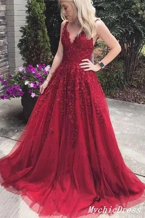 A Line Lace Burgundy Prom Dresses 2025 V Neck Sleeveless MyChicDress