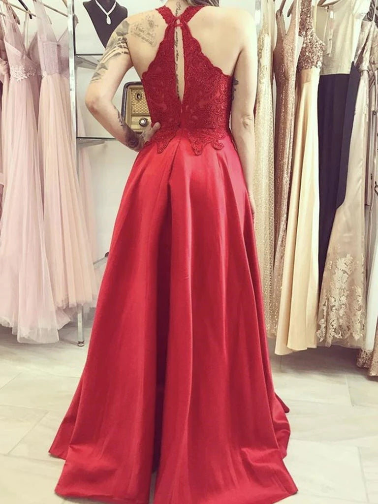 A-Line Lace Long Red Prom Dresses Sheath Halter Formal Graduation Dresses MyChicDress