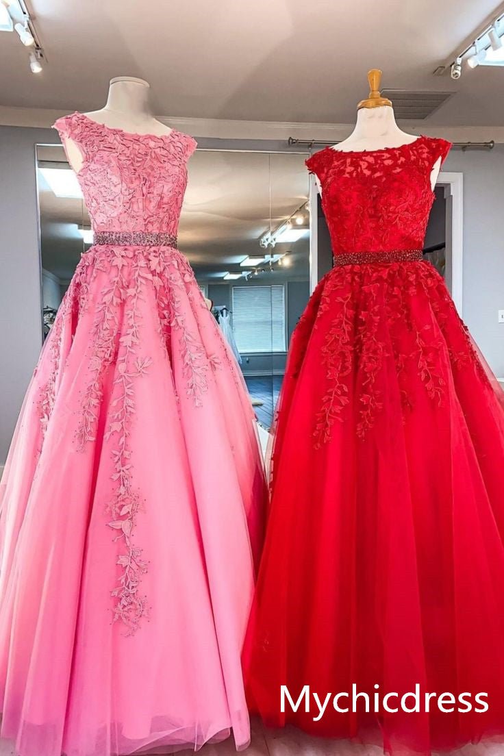 A Line Lace Prom Dresses UK 2025 with Beaded Belt Long Jewel Evening Dress - MyChicDress