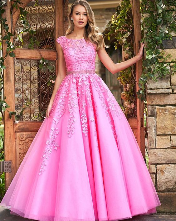 A Line Lace Prom Dresses UK 2025 with Beaded Belt Long Jewel Evening Dress - MyChicDress