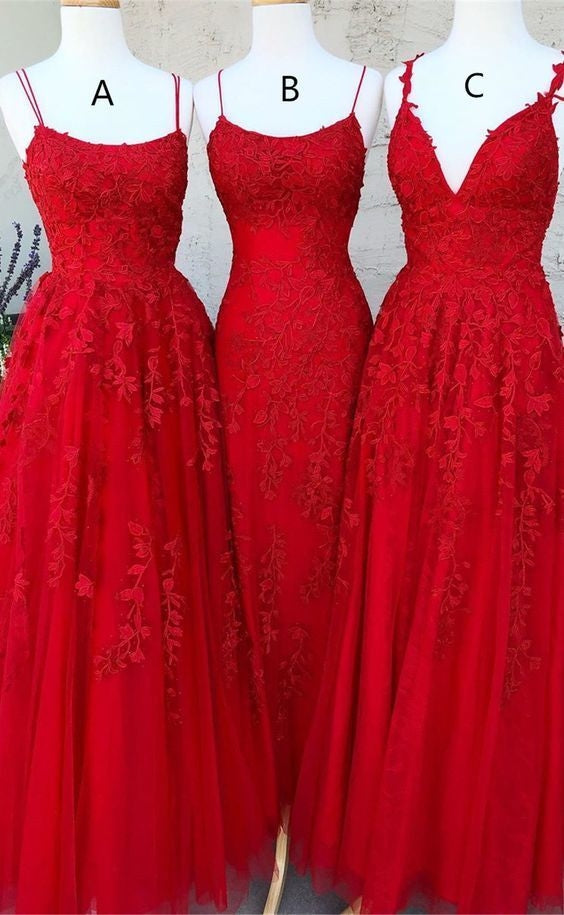 A Line Lace Red Prom Dresses Long Spaghetti Back Crossed MyChicDress