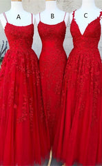 A Line Lace Red Prom Dresses Long Spaghetti Back Crossed MyChicDress