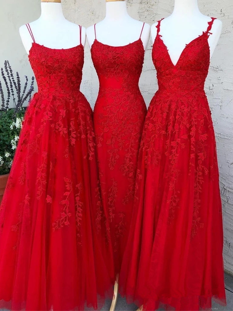 A Line Lace Red Prom Dresses Long Spaghetti Back Crossed MyChicDress