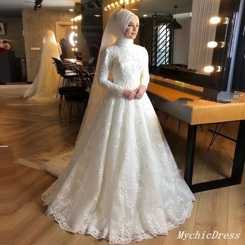 A Line Lace White Muslim Wedding Dresses High Neck Applique Long Sleeves MyChicDress