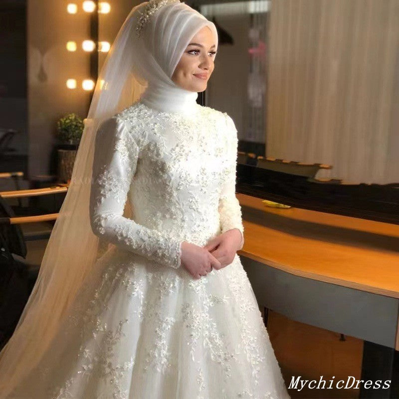 A Line Lace White Muslim Wedding Dresses High Neck Applique Long Sleeves MyChicDress