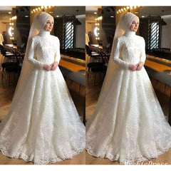 A Line Lace White Muslim Wedding Dresses High Neck Applique Long Sleeves MyChicDress