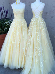 A Line Lace Yellow Homecoming Dresses Long Sleeveless Prom Dresses MyChicDress