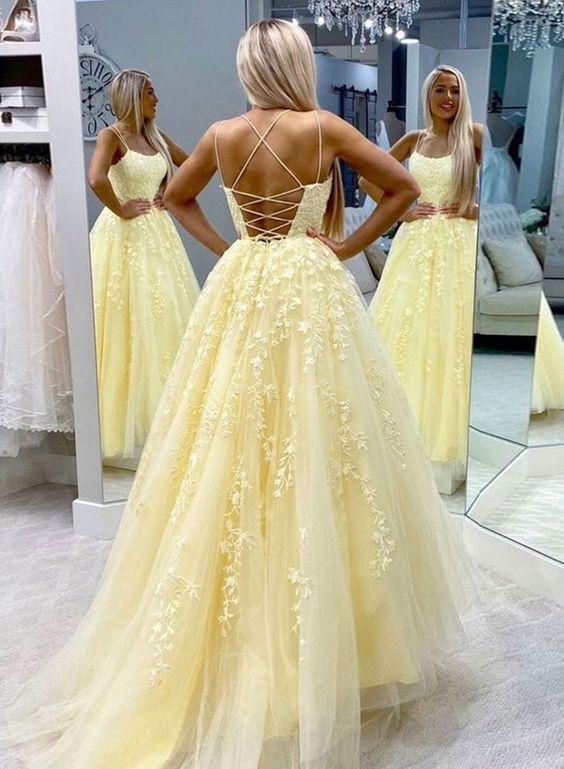 A Line Lace Yellow Homecoming Dresses Long Sleeveless Prom Dresses MyChicDress