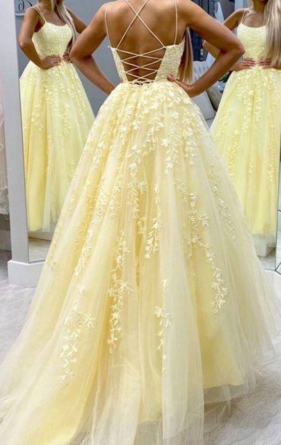 A Line Lace Yellow Homecoming Dresses Long Sleeveless Prom Dresses MyChicDress