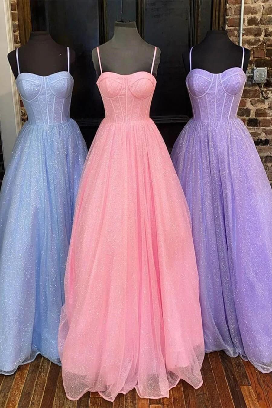 A Line Lilac Shiny Prom Dresses 2025 Spaghetti Straps Tulle Long Formal Dress MyChicDress