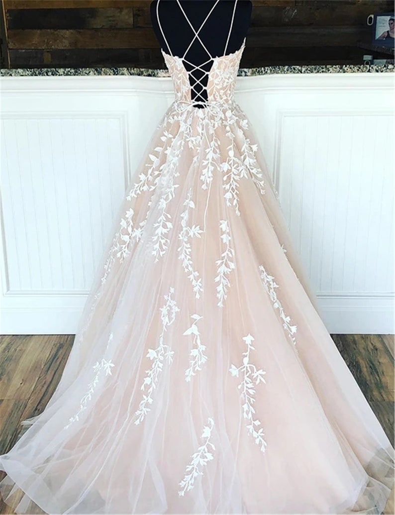 A Line Long Lace Prom Dresses Spaghetti Straps Sleeveless MyChicDress