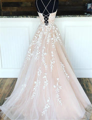 A Line Long Lace Prom Dresses Spaghetti Straps Sleeveless MyChicDress