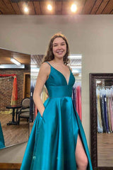 A-Line Long Prom Dress Satin Side Slit Teal Green Formal Dress with Pockets MyChicDress