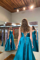 A-Line Long Prom Dress Satin Side Slit Teal Green Formal Dress with Pockets MyChicDress