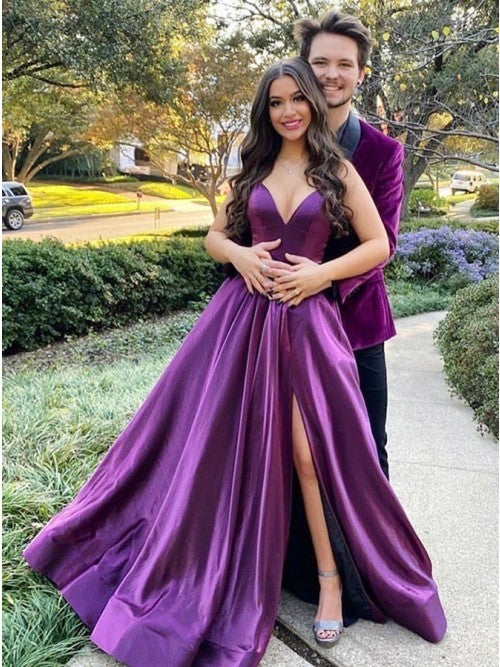 A-Line Long Purple Prom Dresses V neck Satin Evening Gown MyChicDress