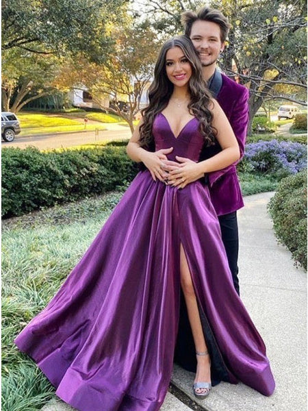 A Line Long Purple Prom Dresses V neck Satin Evening Gown