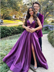 A-Line Long Purple Prom Dresses V neck Satin Evening Gown MyChicDress