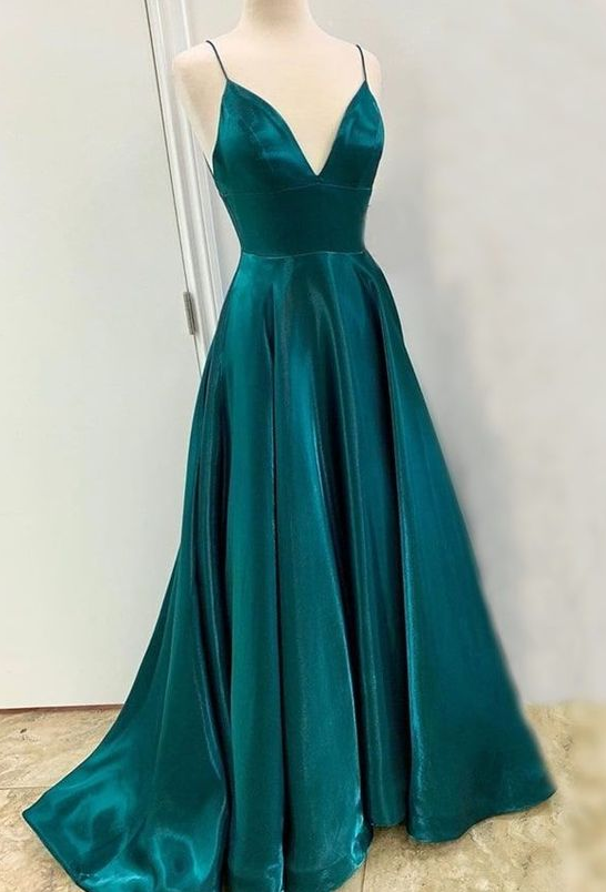 A Line Long Satin Emerald Green Prom Dresses 2025 with Split MyChicDress