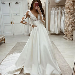 A Line Long Sleeves Ivory Lace Satin Wedding Dresses