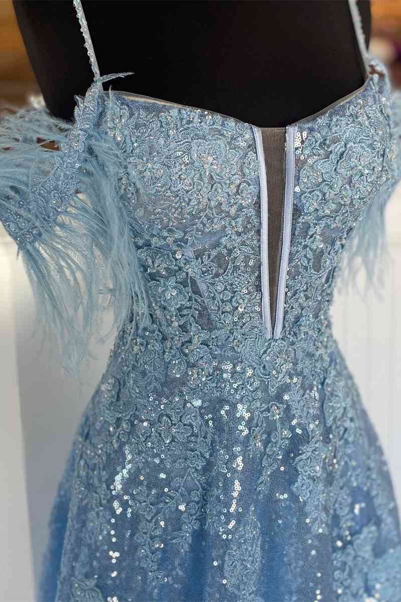 A Line Off-the-Shoulder 2025 Blue Plus Size Prom Dresses Sequin Feather with Slit MyChicDress