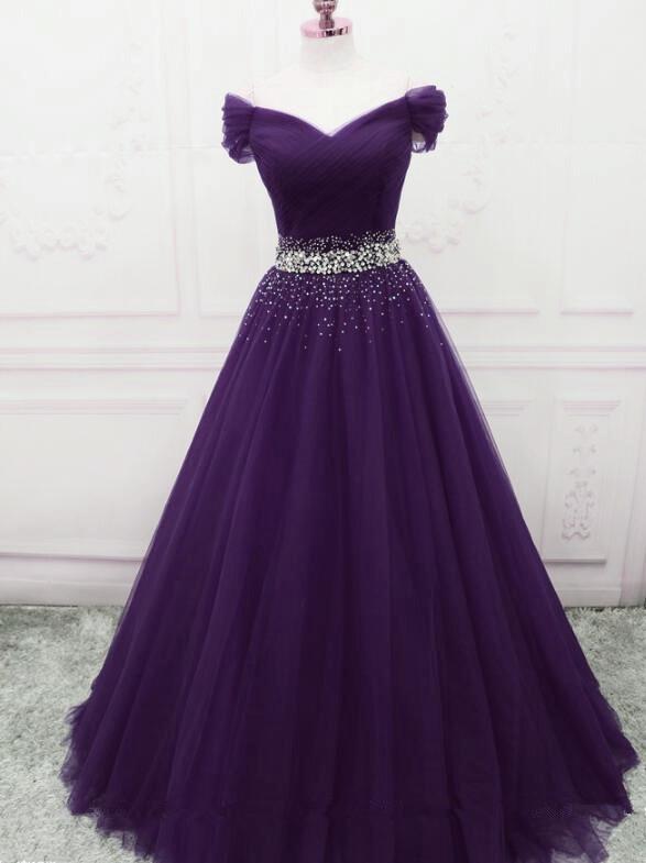 A Line Off the Shoulder Tulle Purple Prom Dresses with Beaded MyChicDress