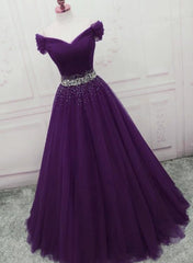 A Line Off the Shoulder Tulle Purple Prom Dresses with Beaded MyChicDress