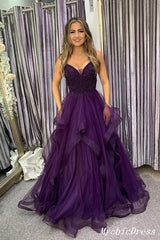 A Line Purple Tiered Prom Dresses Sequin V Neck Tulle Evening Dress UK MyChicDress